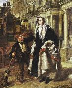 William Powell Frith Lady waiting to cross a street, with a little boy crossing-sweeper begging for money. oil painting artist